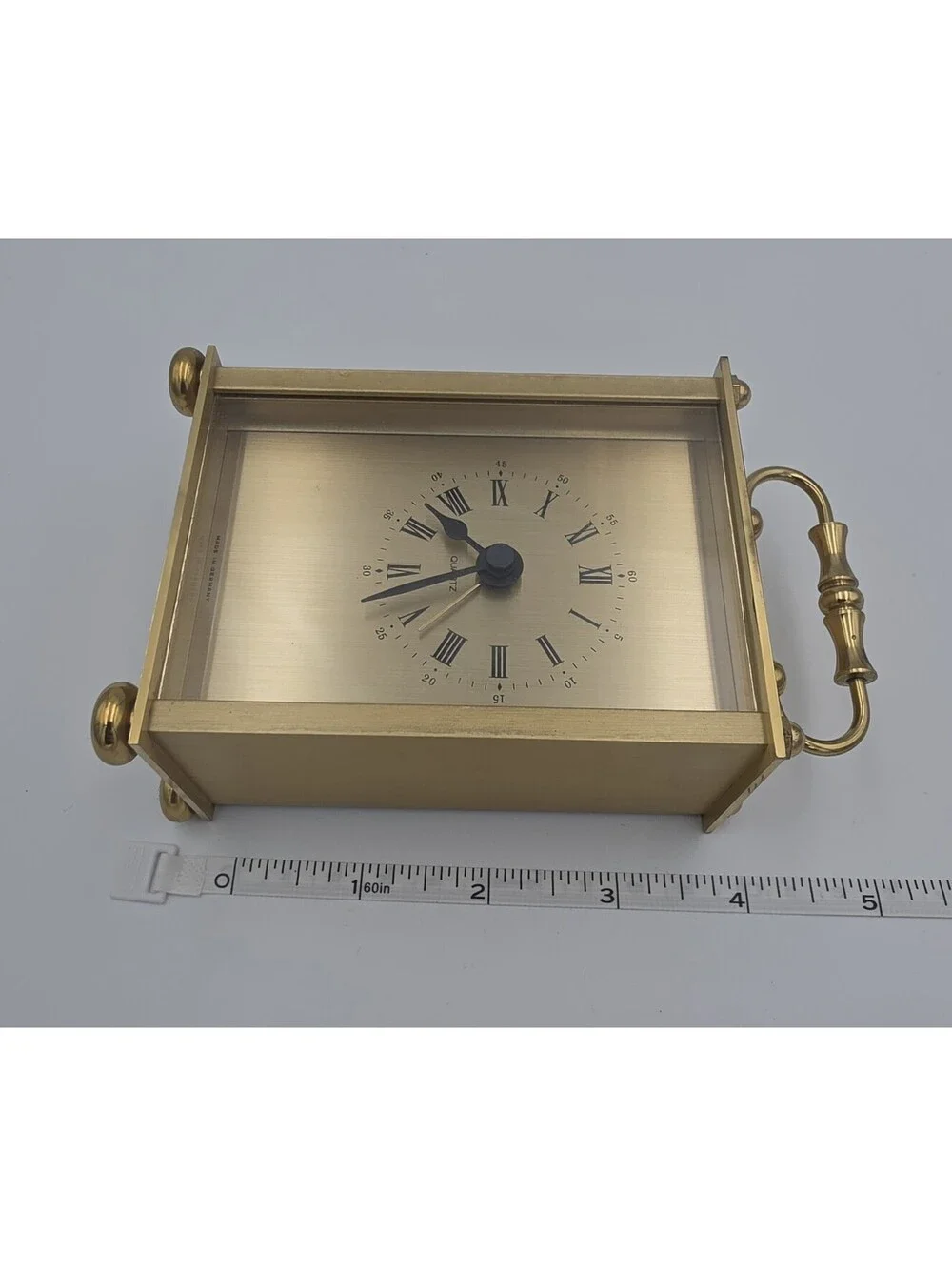 Vintage Gold Tone Quartz Carriage Mini Desk Clock with Roman Numerals